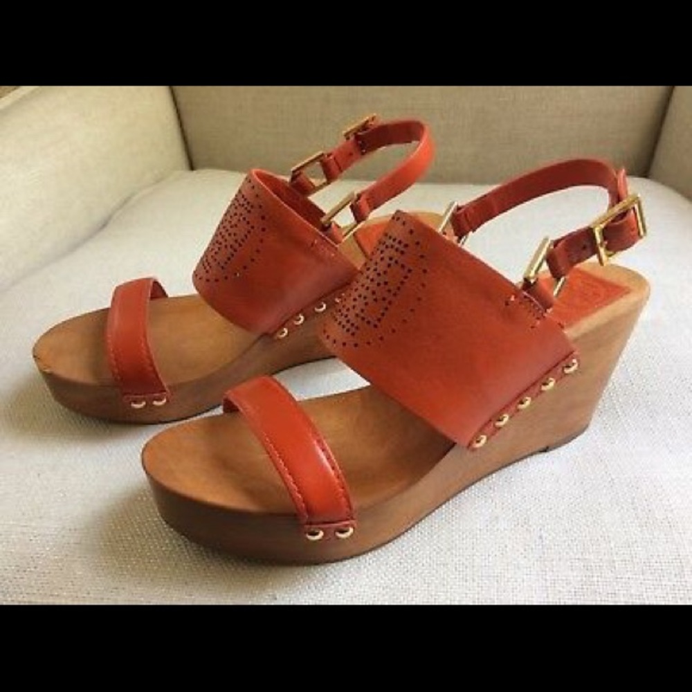 Tory Burch Sandals Platform Wedge Orange Laser 7